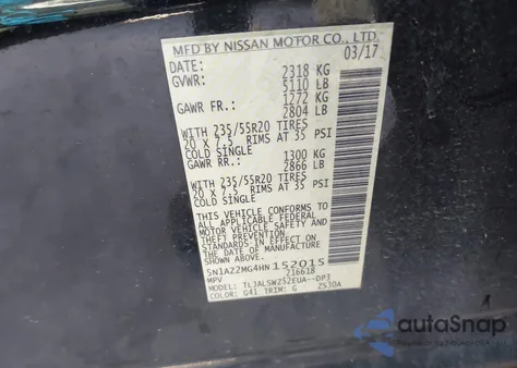 2017 Nissan Murano Platinum из США, поврежденный, VIN 5N1AZ2MG4HN152015